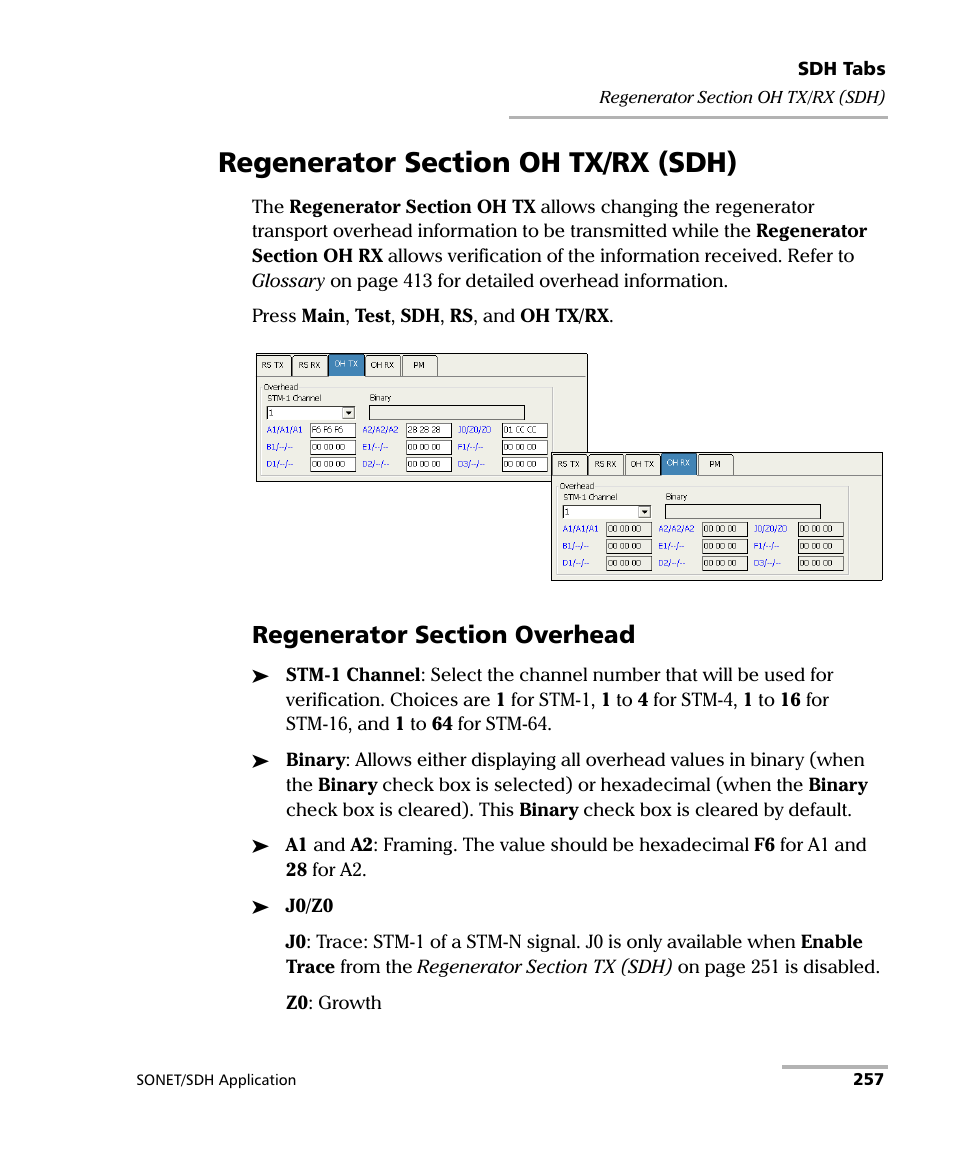 Regenerator section oh tx/rx (sdh) | EXFO FTB-8100 Series Transport Blazer for FTB-200 User Manual | Page 269 / 518