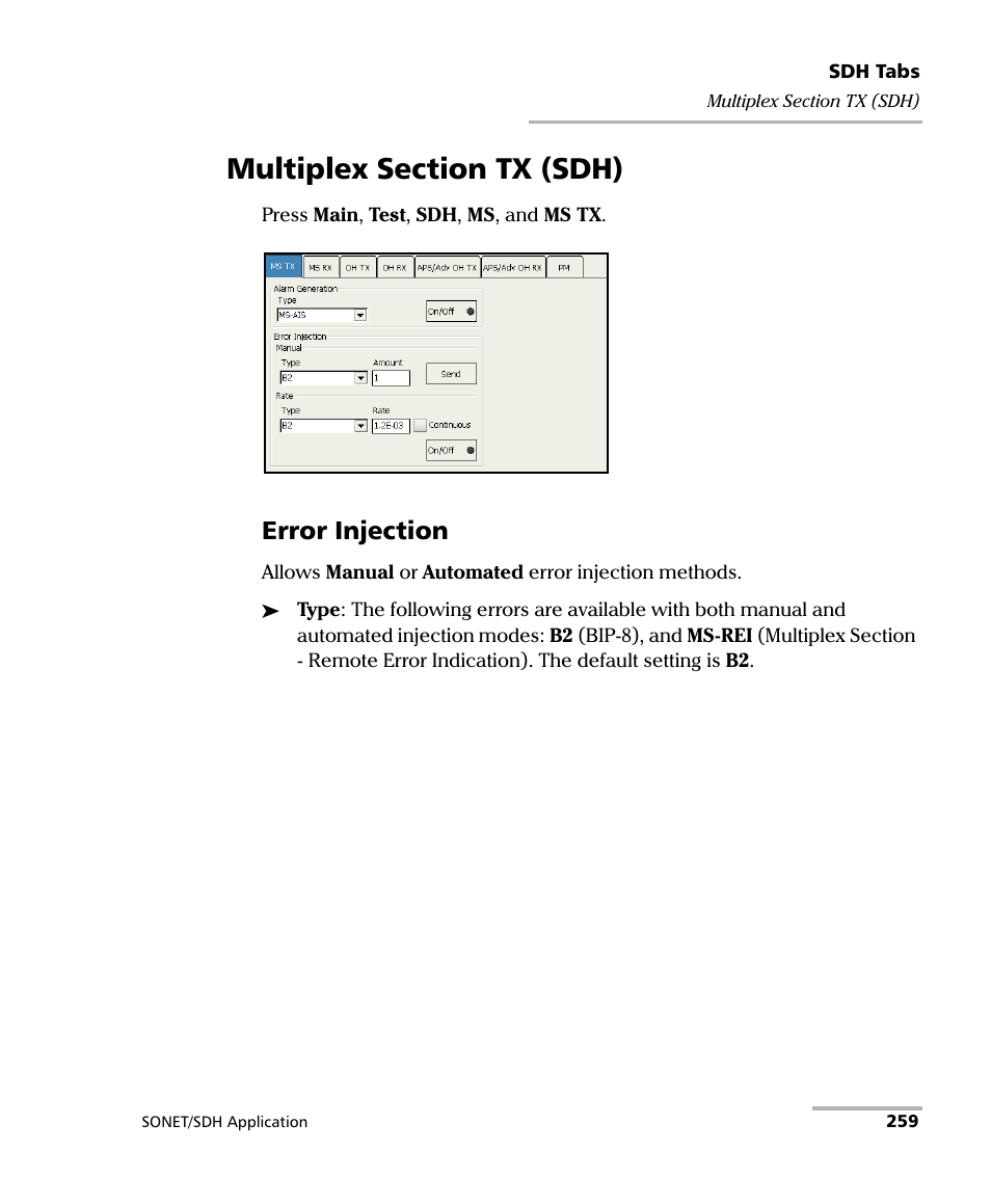 Multiplex section tx (sdh), Error injection | EXFO FTB-8100 Series Transport Blazer for FTB-200 User Manual | Page 271 / 518