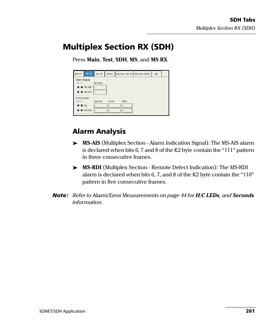 Multiplex section rx (sdh), Alarm analysis | EXFO FTB-8100 Series Transport Blazer for FTB-200 User Manual | Page 273 / 518
