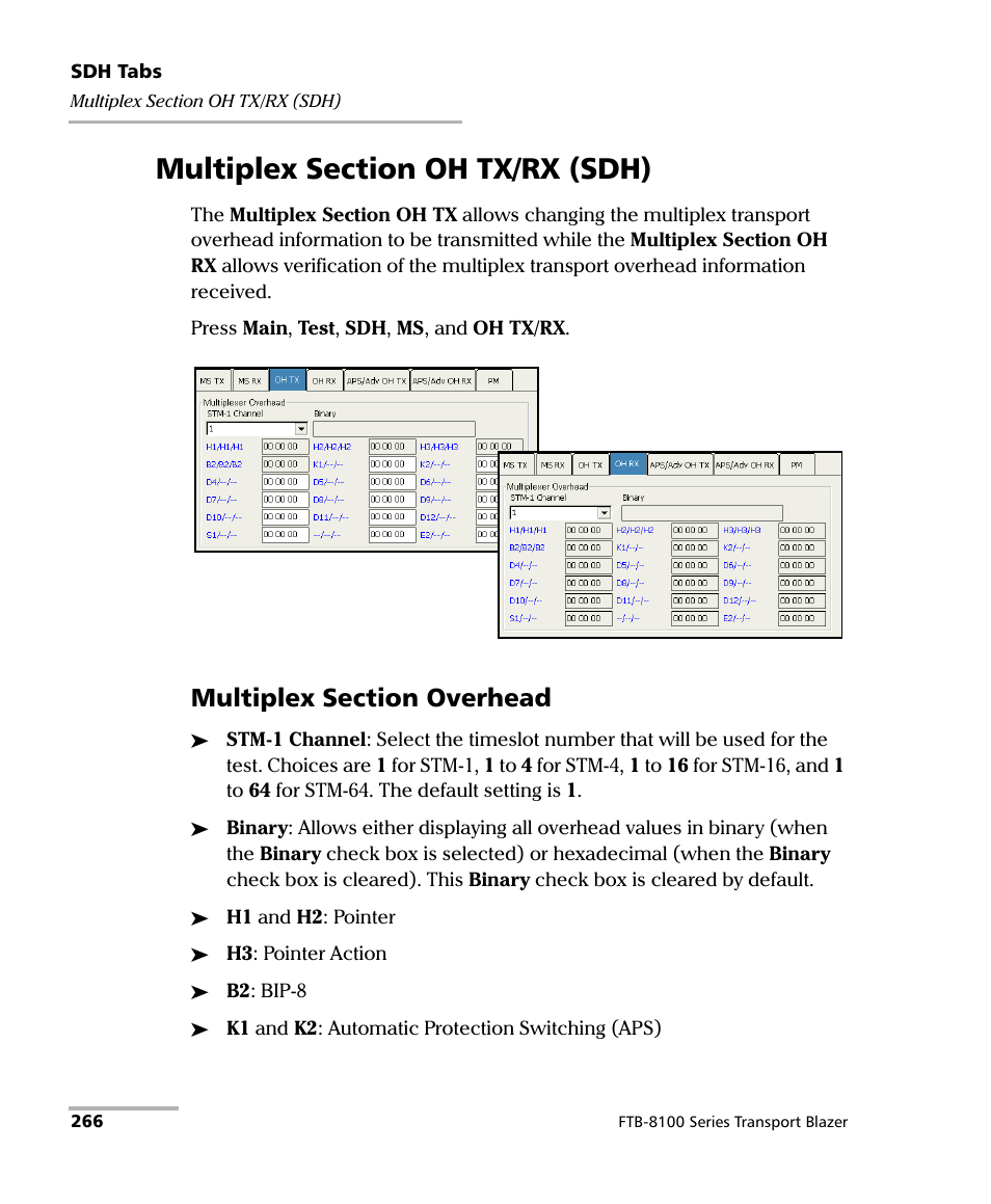 Multiplex section oh tx/rx (sdh) | EXFO FTB-8100 Series Transport Blazer for FTB-200 User Manual | Page 278 / 518