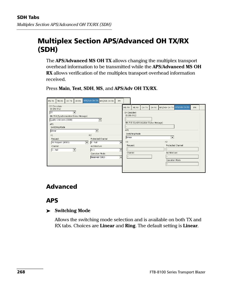 Multiplex section aps/advanced oh tx/rx (sdh), Advanced aps | EXFO FTB-8100 Series Transport Blazer for FTB-200 User Manual | Page 280 / 518