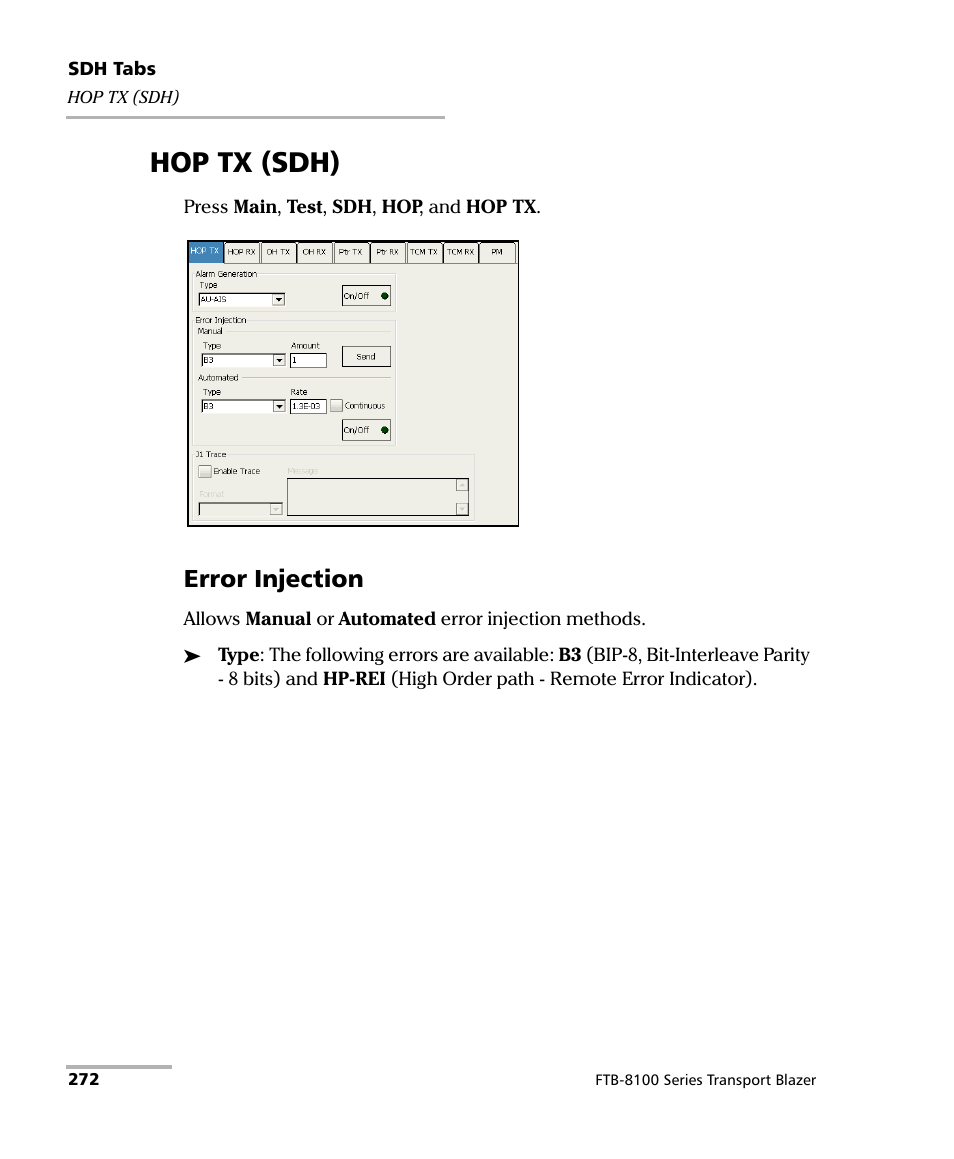 Hop tx (sdh), Error injection | EXFO FTB-8100 Series Transport Blazer for FTB-200 User Manual | Page 284 / 518