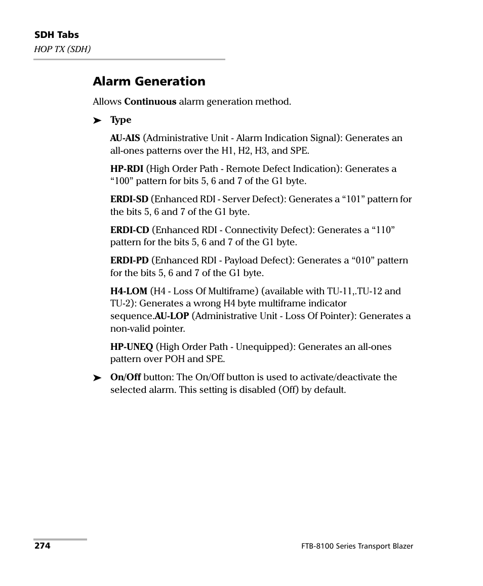 Alarm generation | EXFO FTB-8100 Series Transport Blazer for FTB-200 User Manual | Page 286 / 518