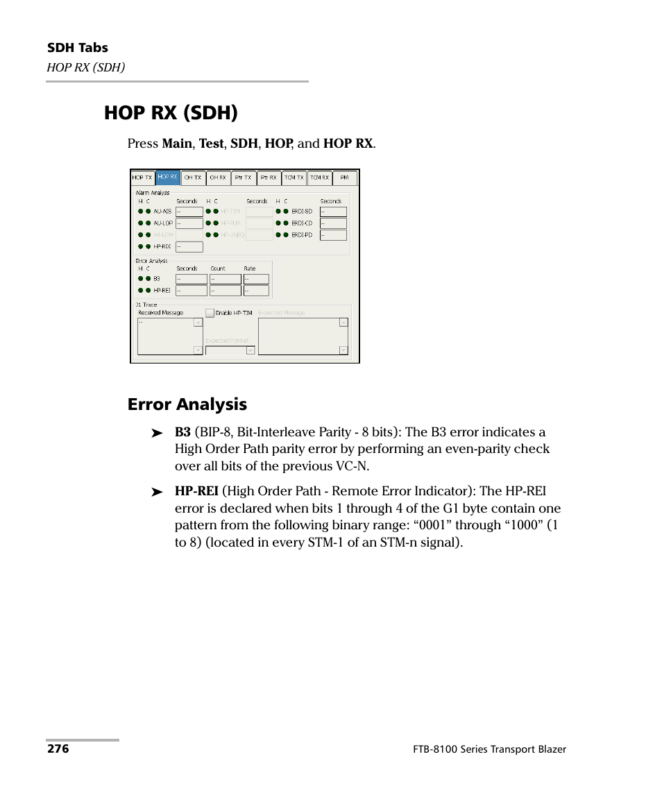 Hop rx (sdh), Error analysis | EXFO FTB-8100 Series Transport Blazer for FTB-200 User Manual | Page 288 / 518