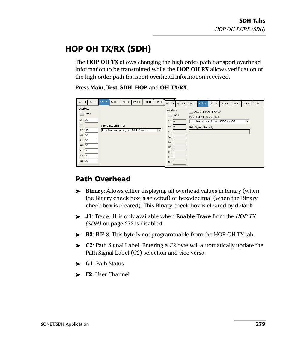 Hop oh tx/rx (sdh), Path overhead | EXFO FTB-8100 Series Transport Blazer for FTB-200 User Manual | Page 291 / 518