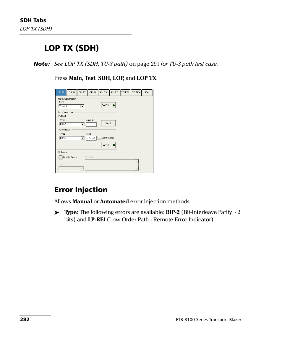 Lop tx (sdh), Error injection | EXFO FTB-8100 Series Transport Blazer for FTB-200 User Manual | Page 294 / 518