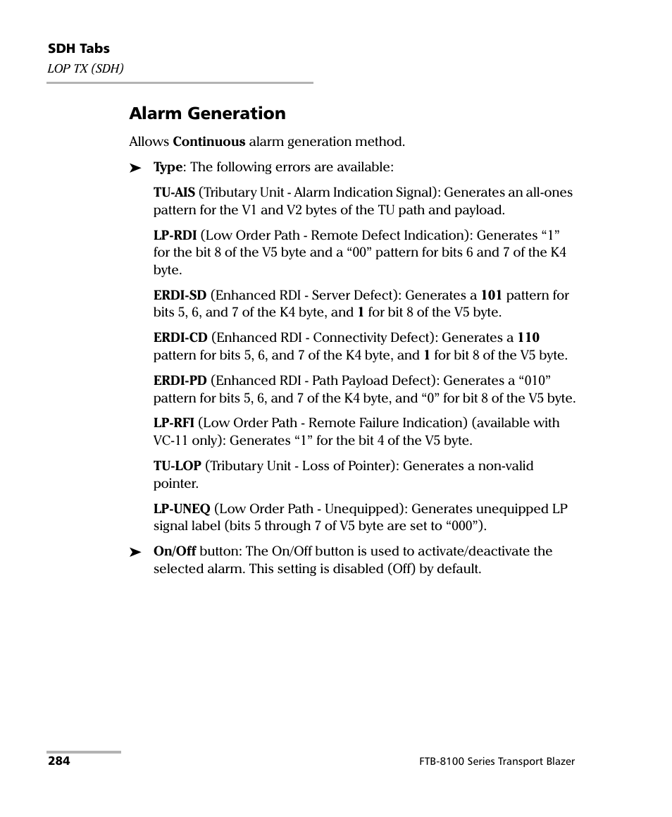 Alarm generation | EXFO FTB-8100 Series Transport Blazer for FTB-200 User Manual | Page 296 / 518
