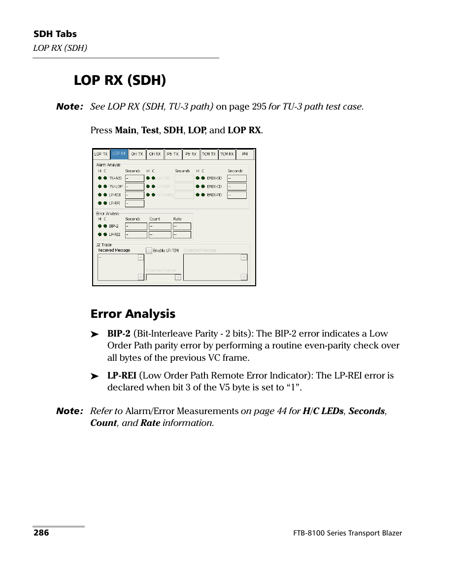 Lop rx (sdh), Error analysis | EXFO FTB-8100 Series Transport Blazer for FTB-200 User Manual | Page 298 / 518