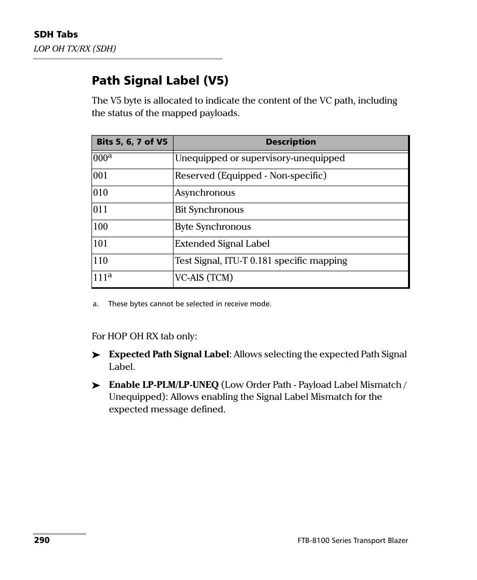 290 (sdh), Path signal label (v5) | EXFO FTB-8100 Series Transport Blazer for FTB-200 User Manual | Page 302 / 518