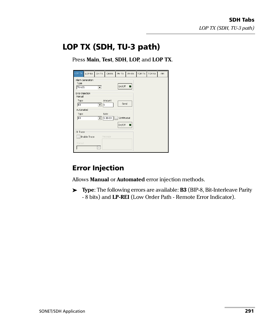Lop tx (sdh, tu-3 path), Error injection | EXFO FTB-8100 Series Transport Blazer for FTB-200 User Manual | Page 303 / 518