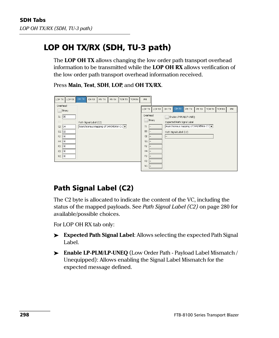Lop oh tx/rx (sdh, tu-3 path), Path signal label (c2) | EXFO FTB-8100 Series Transport Blazer for FTB-200 User Manual | Page 310 / 518
