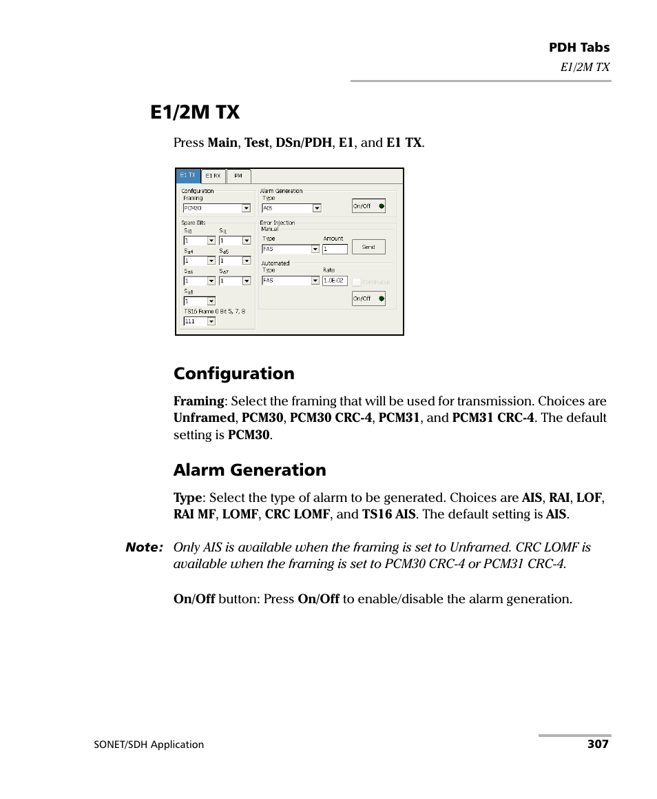 E1/2m tx, Configuration, Alarm generation | EXFO FTB-8100 Series Transport Blazer for FTB-200 User Manual | Page 319 / 518