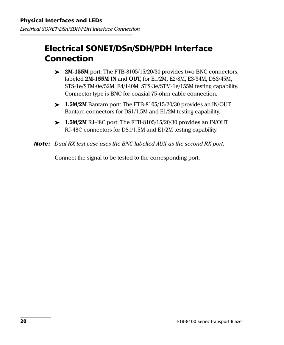 Electrical sonet/dsn/sdh/pdh interface connection | EXFO FTB-8100 Series Transport Blazer for FTB-200 User Manual | Page 32 / 518