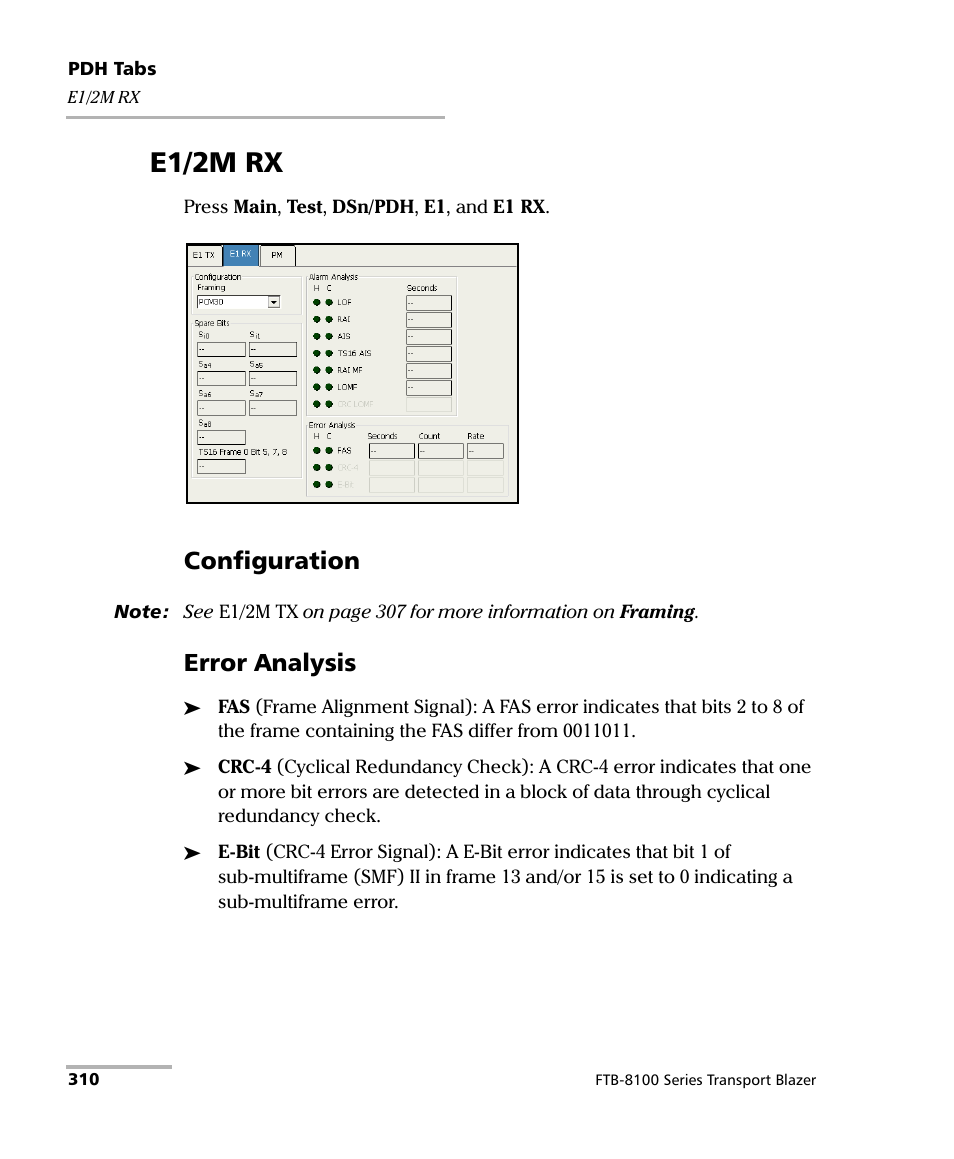 E1/2m rx, Configuration, Error analysis | EXFO FTB-8100 Series Transport Blazer for FTB-200 User Manual | Page 322 / 518