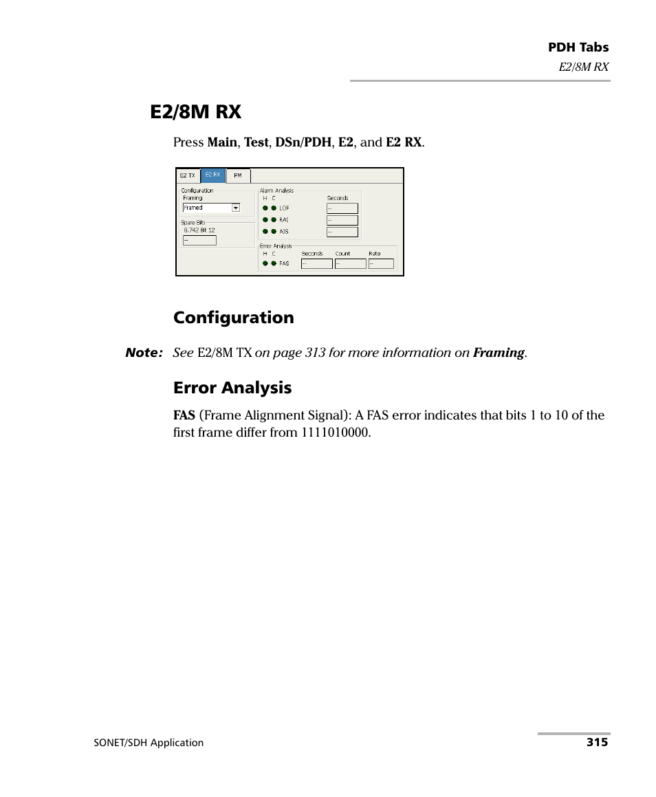 E2/8m rx, Configuration, Error analysis | EXFO FTB-8100 Series Transport Blazer for FTB-200 User Manual | Page 327 / 518
