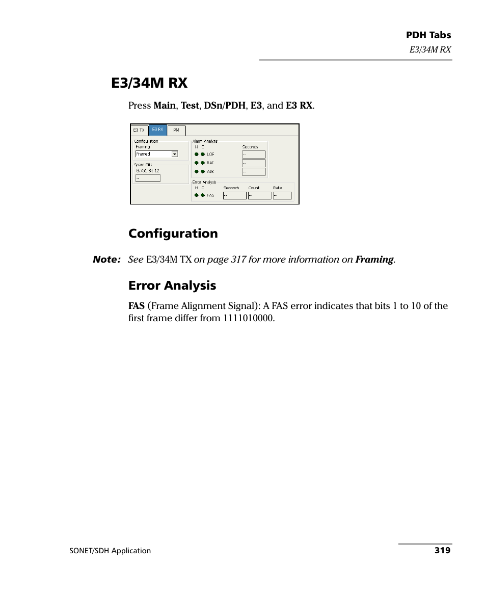 E3/34m rx, Configuration, Error analysis | EXFO FTB-8100 Series Transport Blazer for FTB-200 User Manual | Page 331 / 518
