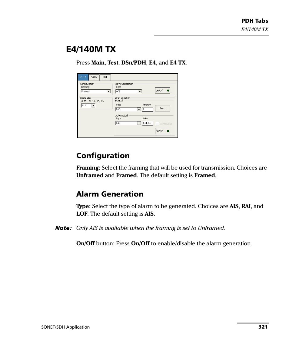 E4/140m tx, Configuration, Alarm generation | EXFO FTB-8100 Series Transport Blazer for FTB-200 User Manual | Page 333 / 518