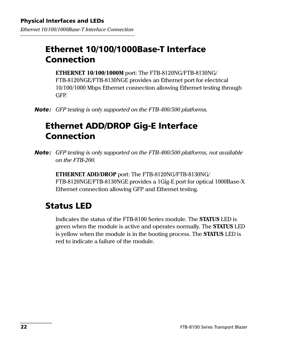 Ethernet 10/100/1000base-t interface connection, Ethernet add/drop gig-e interface connection, Status led | EXFO FTB-8100 Series Transport Blazer for FTB-200 User Manual | Page 34 / 518