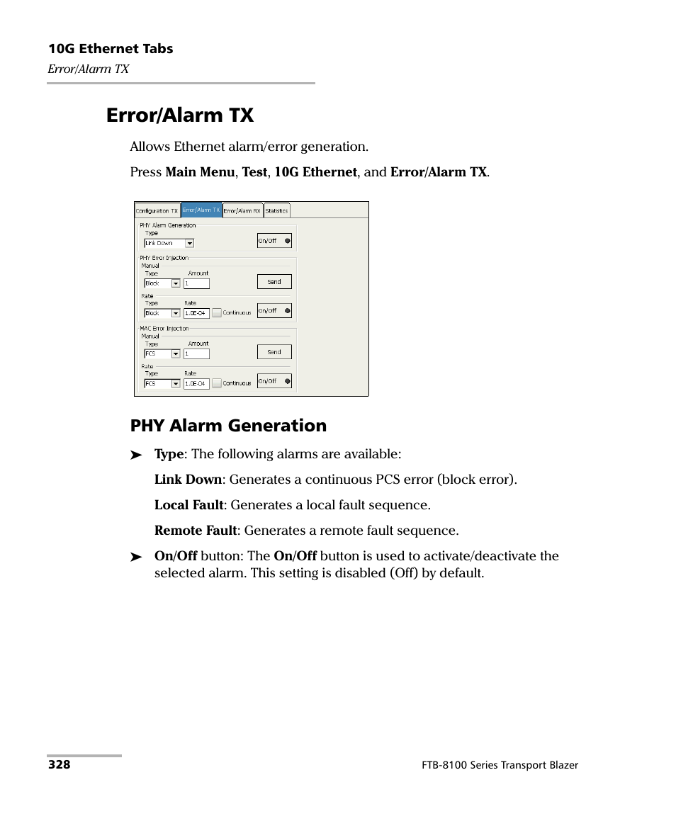 Error/alarm tx, Phy alarm generation | EXFO FTB-8100 Series Transport Blazer for FTB-200 User Manual | Page 340 / 518