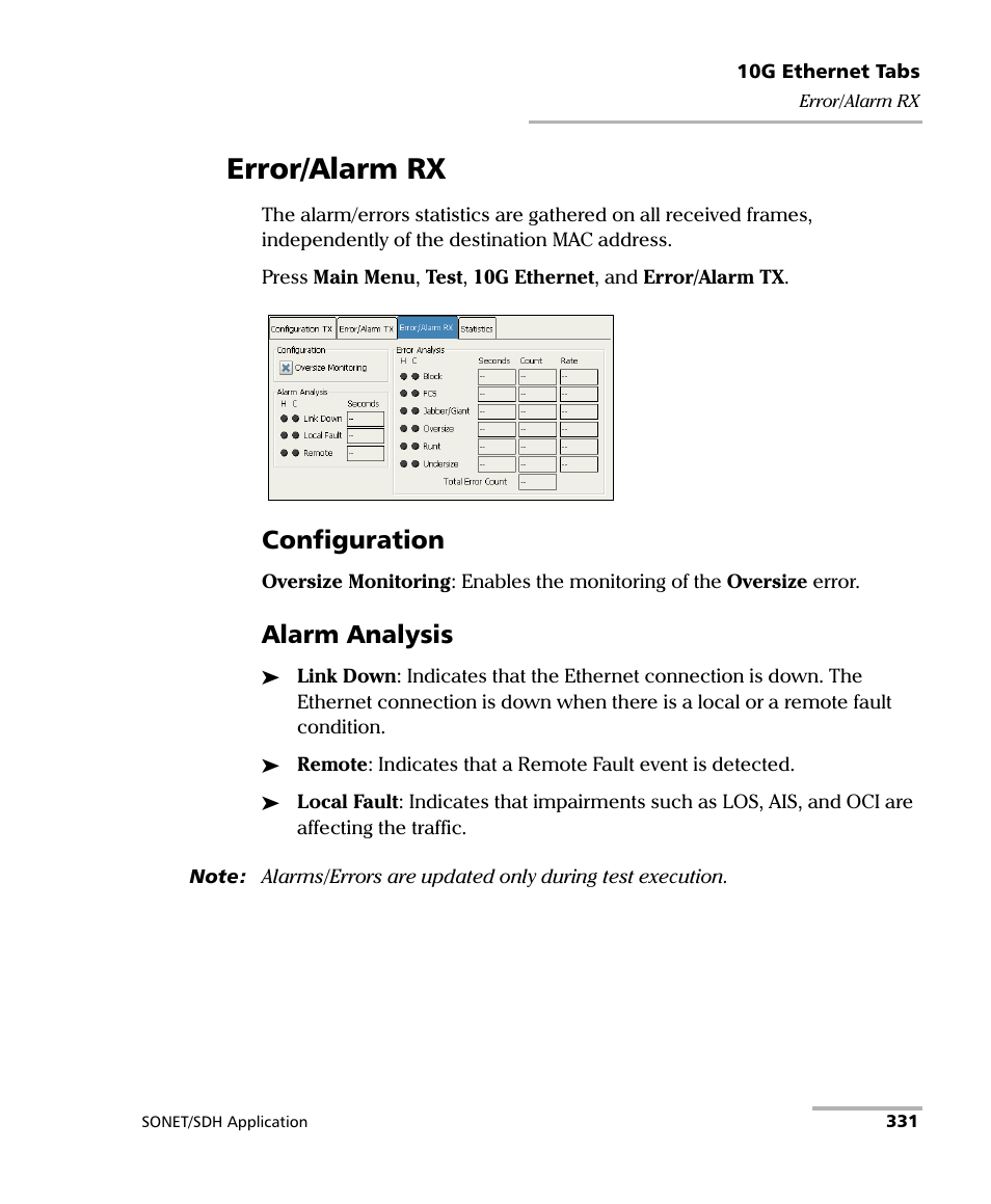Error/alarm rx, Configuration, Alarm analysis | EXFO FTB-8100 Series Transport Blazer for FTB-200 User Manual | Page 343 / 518