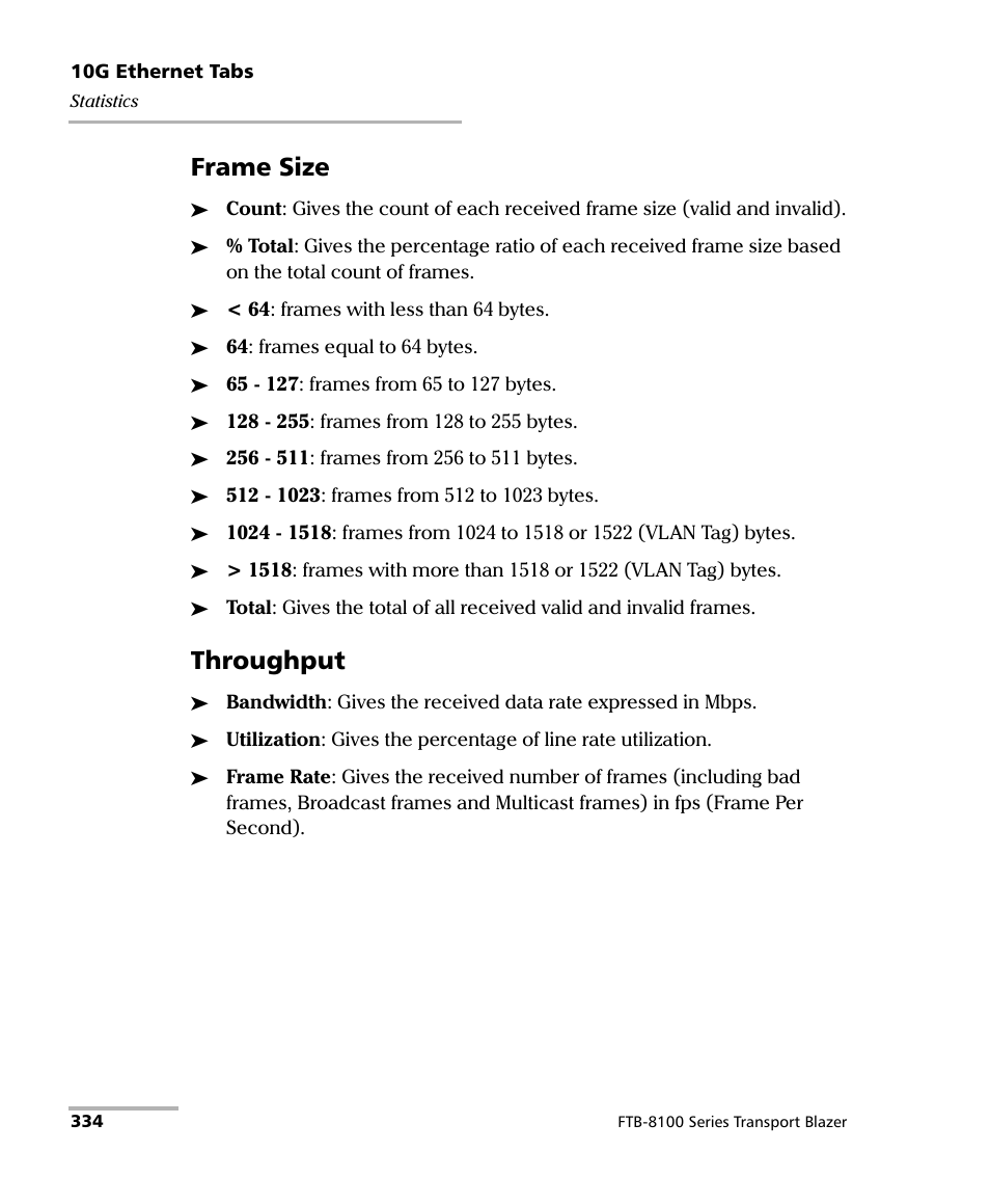 Frame size, Throughput | EXFO FTB-8100 Series Transport Blazer for FTB-200 User Manual | Page 346 / 518