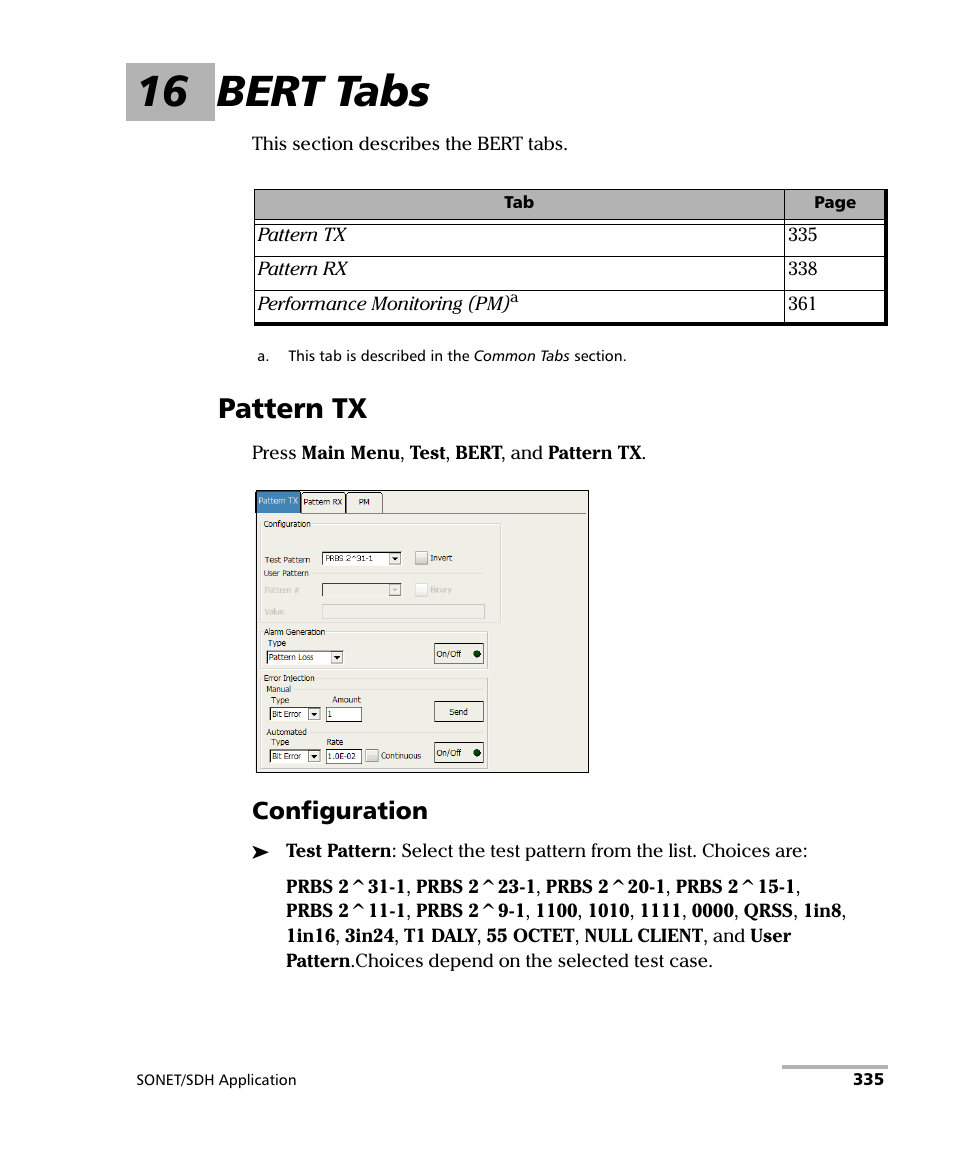 16 bert tabs, Pattern tx, Configuration | EXFO FTB-8100 Series Transport Blazer for FTB-200 User Manual | Page 347 / 518