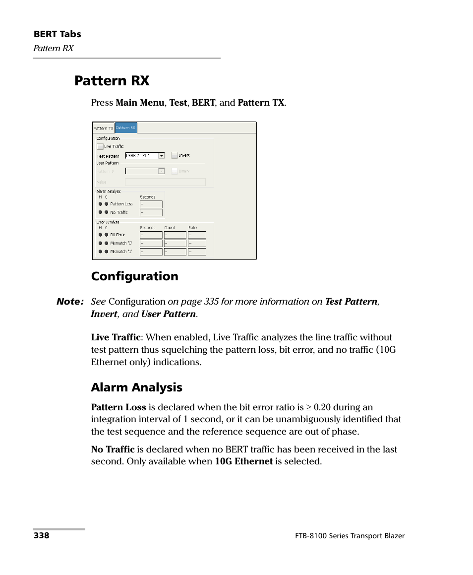 Pattern rx, Configuration, Alarm analysis | EXFO FTB-8100 Series Transport Blazer for FTB-200 User Manual | Page 350 / 518