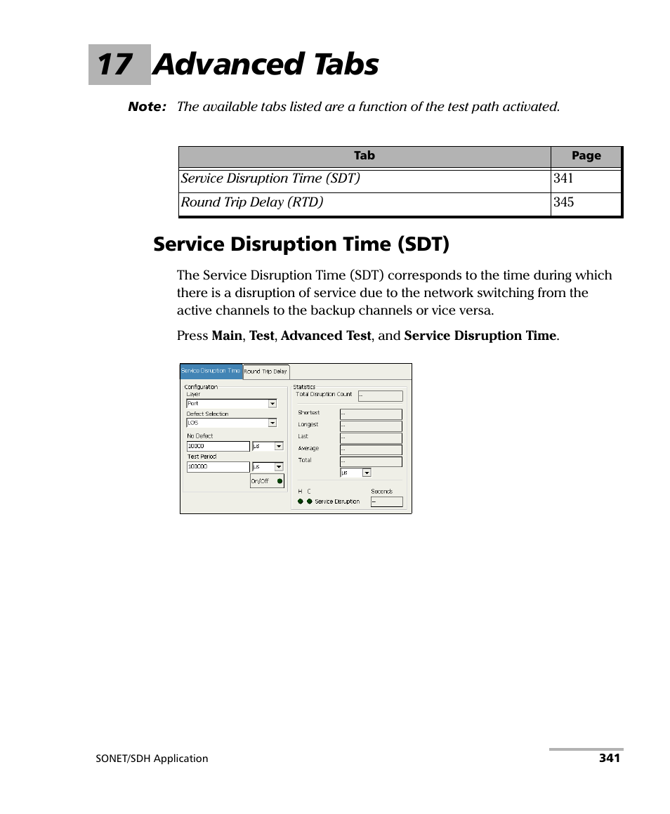 17 advanced tabs, Service disruption time (sdt) | EXFO FTB-8100 Series Transport Blazer for FTB-200 User Manual | Page 353 / 518