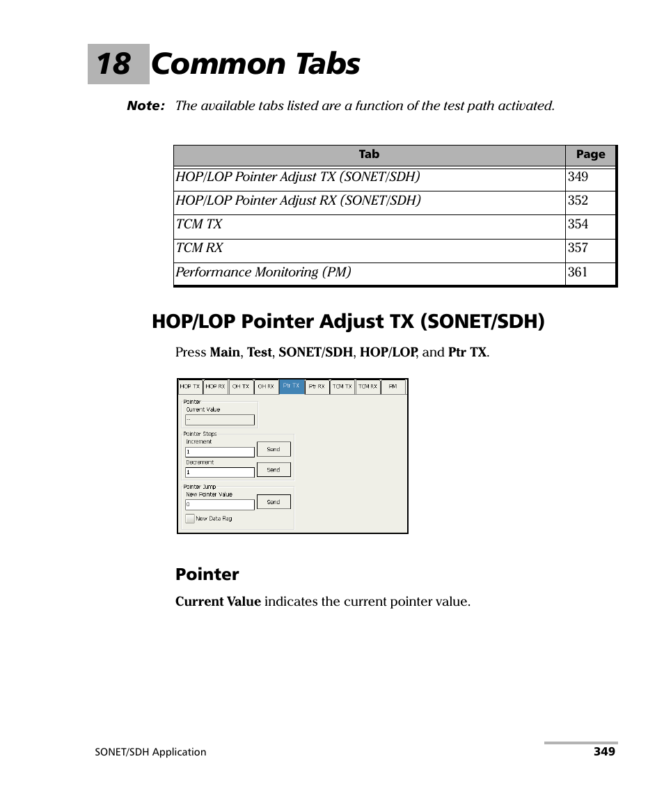 18 common tabs, Hop/lop pointer adjust tx (sonet/sdh), Common tabs se | Common tabs sectio, Common tabs, Pointer | EXFO FTB-8100 Series Transport Blazer for FTB-200 User Manual | Page 361 / 518