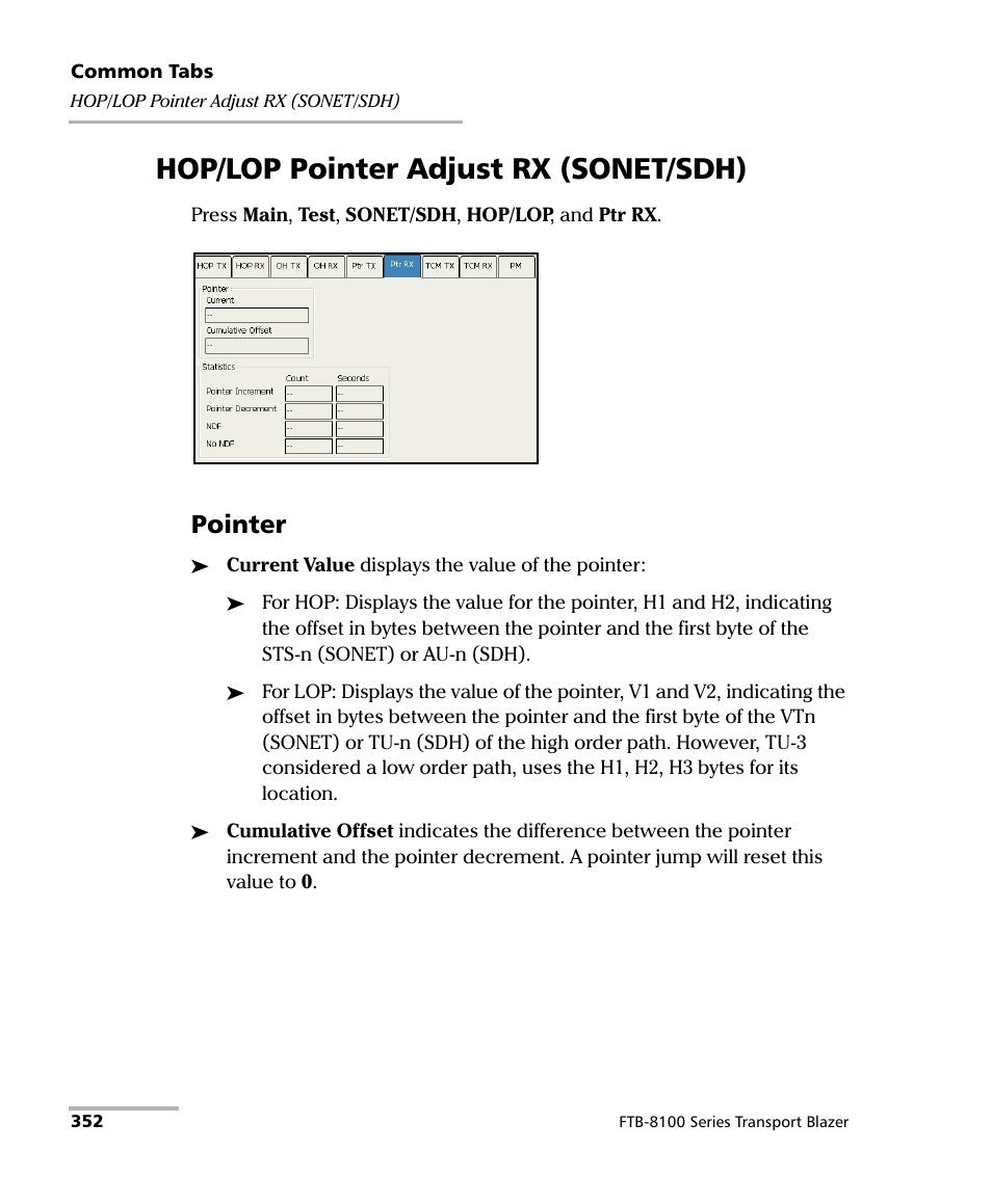 Hop/lop pointer adjust rx (sonet/sdh), Pointer | EXFO FTB-8100 Series Transport Blazer for FTB-200 User Manual | Page 364 / 518