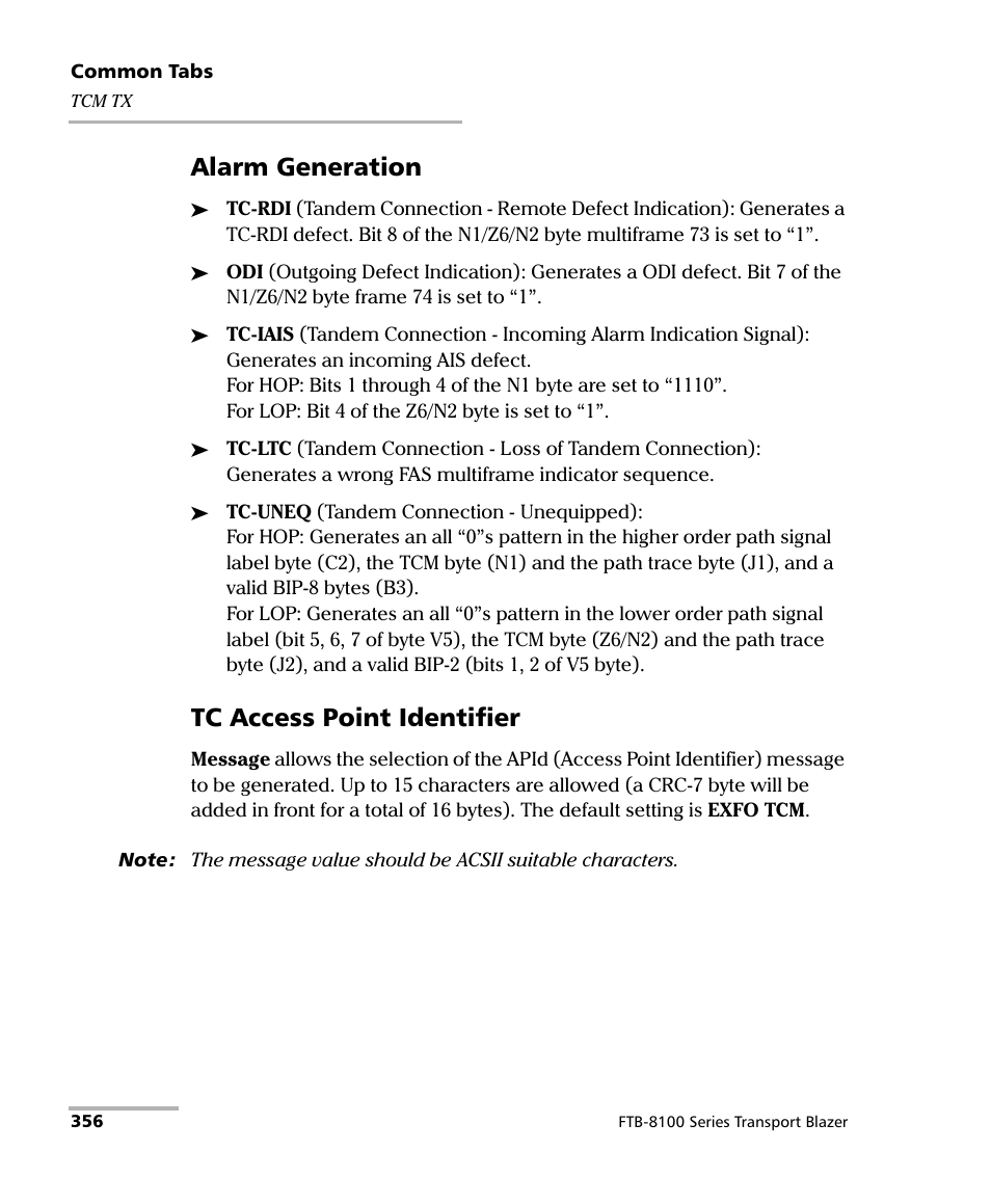 Alarm generation, Tc access point identifier | EXFO FTB-8100 Series Transport Blazer for FTB-200 User Manual | Page 368 / 518