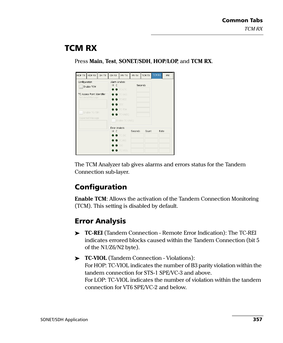 Tcm rx, Configuration, Error analysis | EXFO FTB-8100 Series Transport Blazer for FTB-200 User Manual | Page 369 / 518