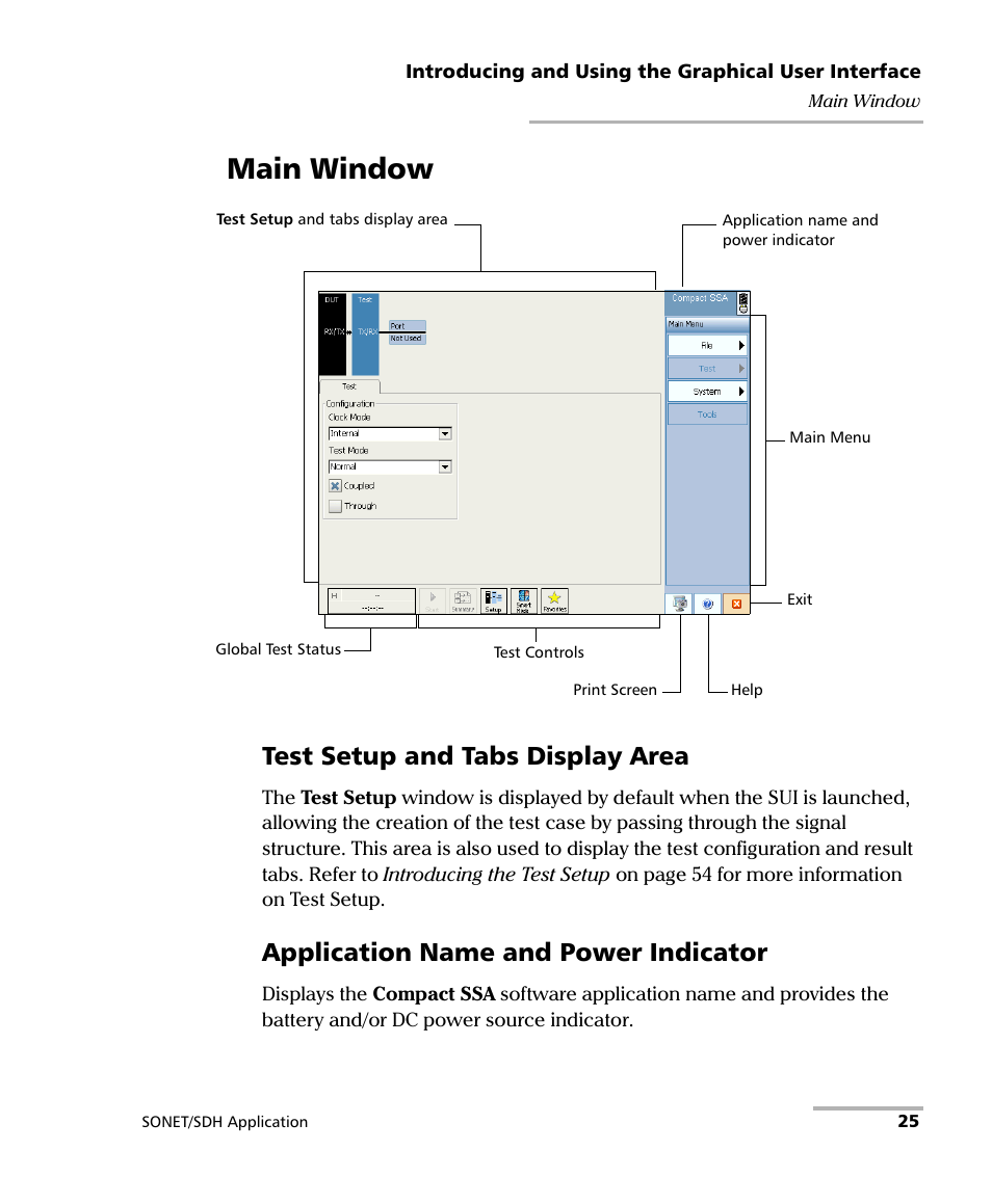 Main window, Test setup and tabs display area, Application name and power indicator | EXFO FTB-8100 Series Transport Blazer for FTB-200 User Manual | Page 37 / 518