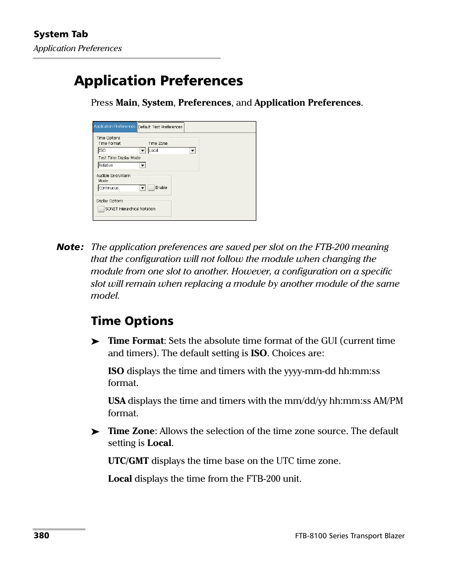 Application preferences, Time options | EXFO FTB-8100 Series Transport Blazer for FTB-200 User Manual | Page 392 / 518