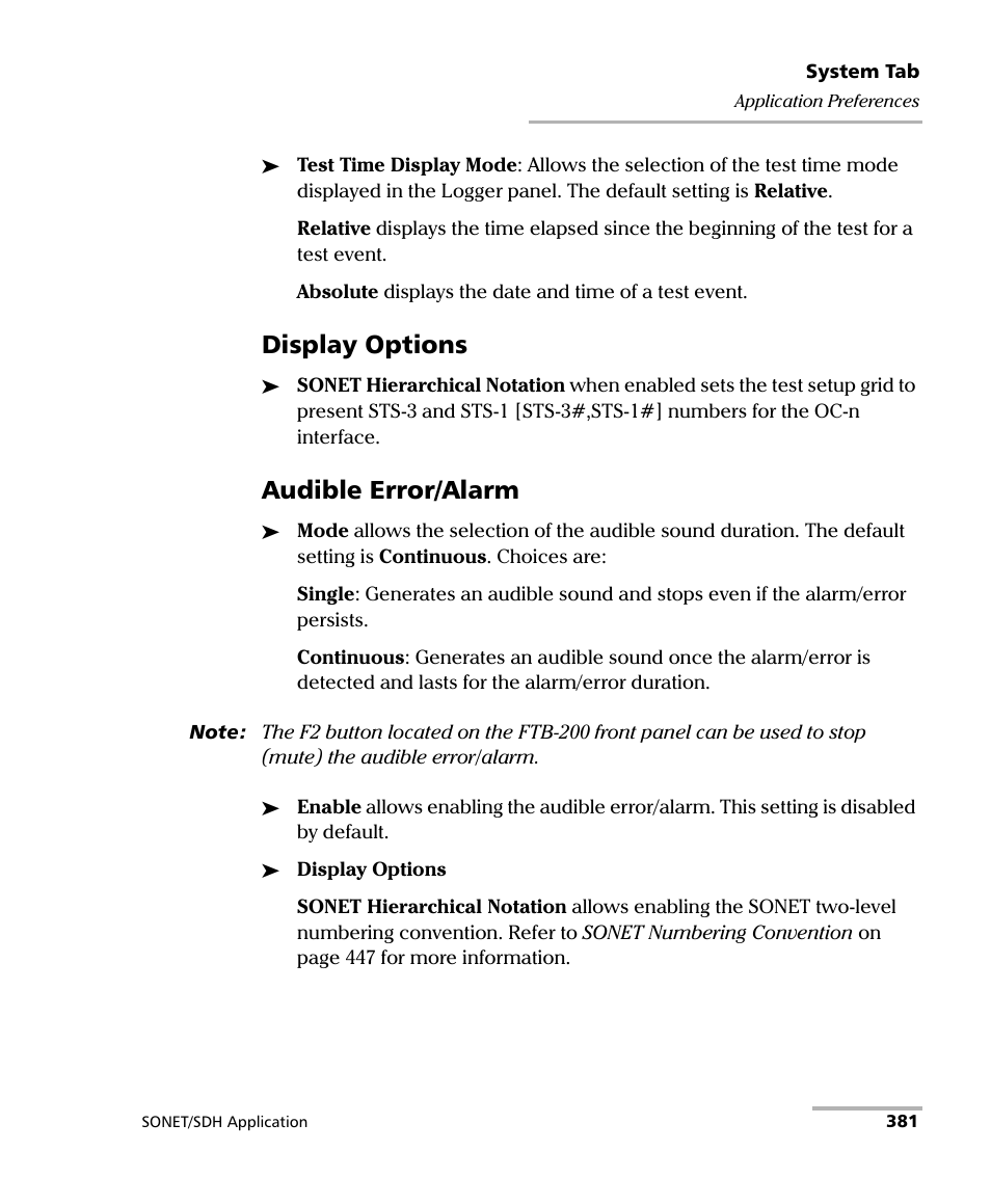 Display options, Audible error/alarm | EXFO FTB-8100 Series Transport Blazer for FTB-200 User Manual | Page 393 / 518