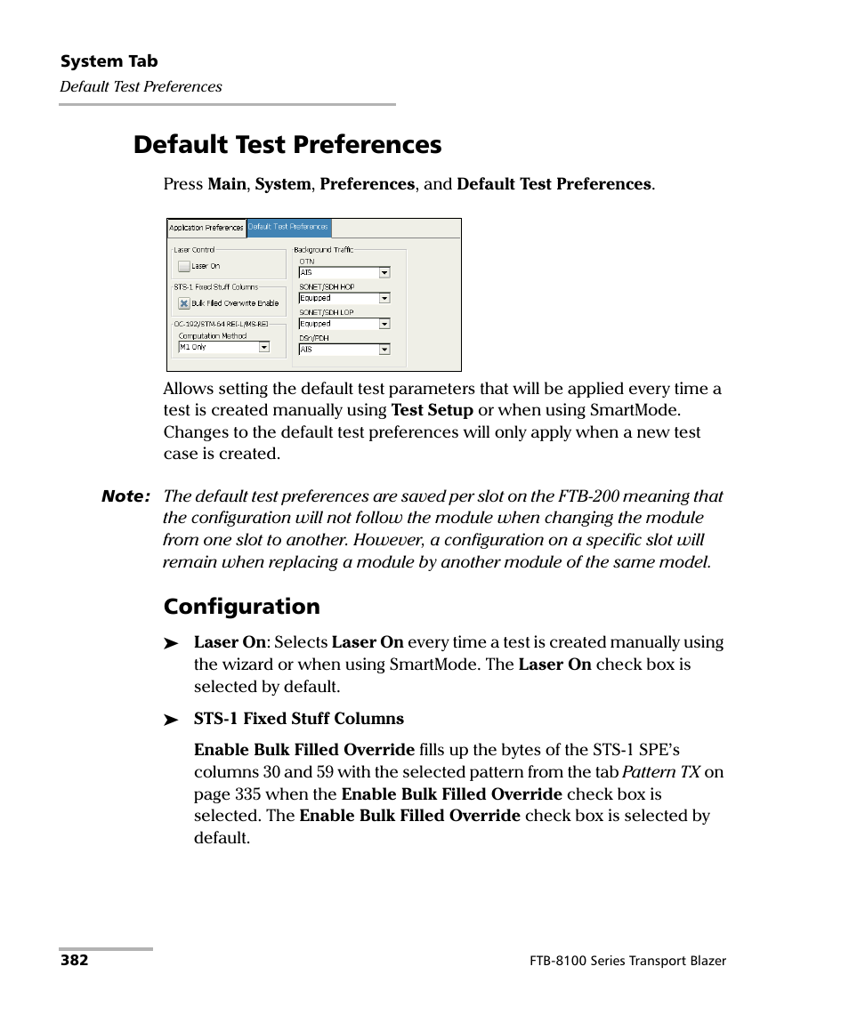 Default test preferences, Configuration | EXFO FTB-8100 Series Transport Blazer for FTB-200 User Manual | Page 394 / 518