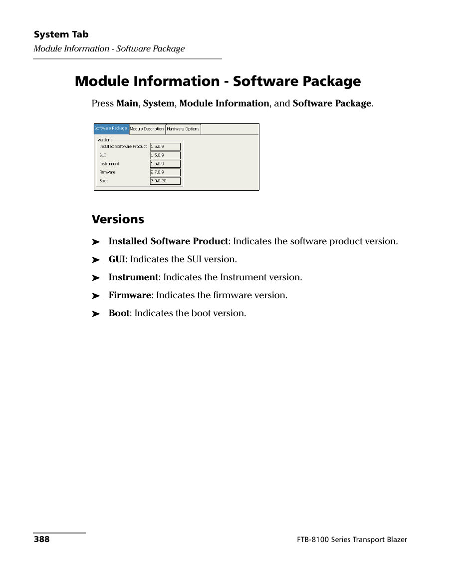 Module information - software package, Versions | EXFO FTB-8100 Series Transport Blazer for FTB-200 User Manual | Page 400 / 518
