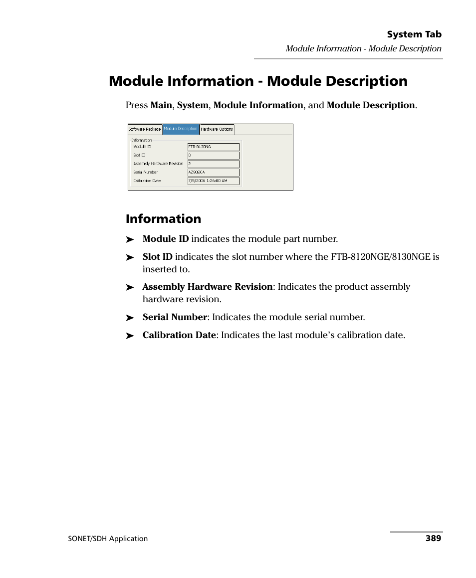 Module information - module description, Information | EXFO FTB-8100 Series Transport Blazer for FTB-200 User Manual | Page 401 / 518
