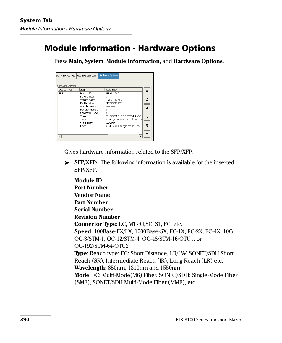 Module information - hardware options | EXFO FTB-8100 Series Transport Blazer for FTB-200 User Manual | Page 402 / 518