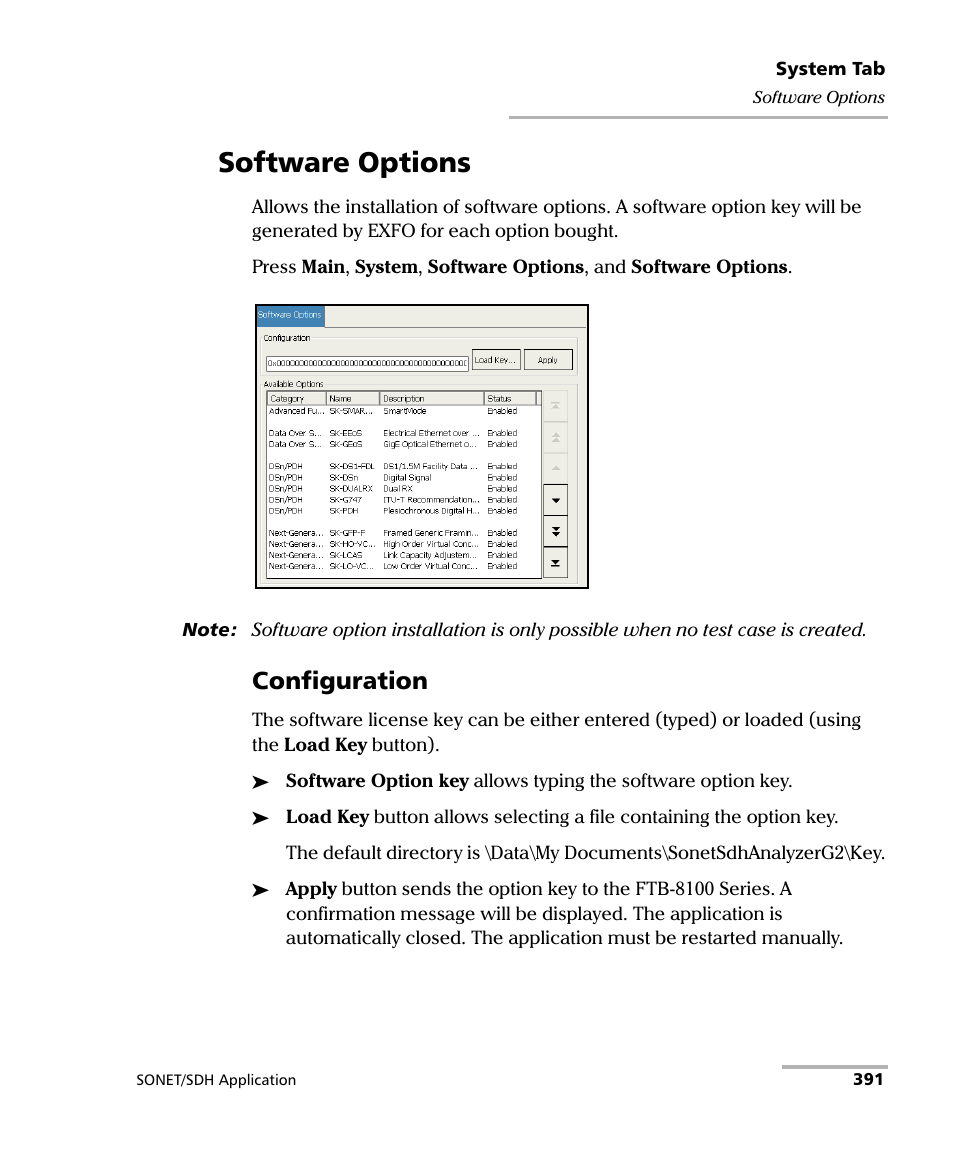 Software options, Configuration | EXFO FTB-8100 Series Transport Blazer for FTB-200 User Manual | Page 403 / 518