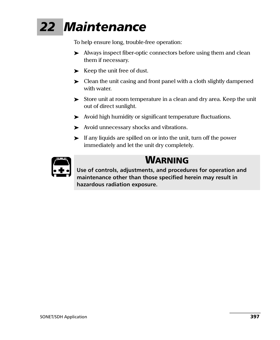 22 maintenance, Arning | EXFO FTB-8100 Series Transport Blazer for FTB-200 User Manual | Page 409 / 518