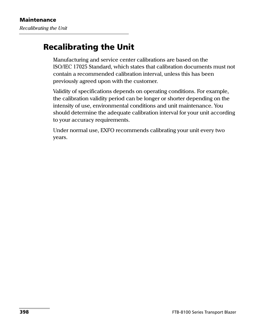 Recalibrating the unit | EXFO FTB-8100 Series Transport Blazer for FTB-200 User Manual | Page 410 / 518
