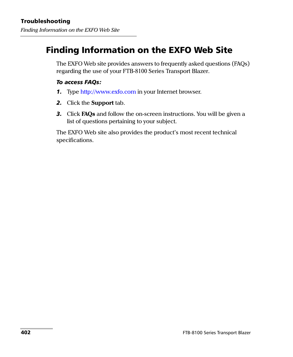 Finding information on the exfo web site | EXFO FTB-8100 Series Transport Blazer for FTB-200 User Manual | Page 414 / 518
