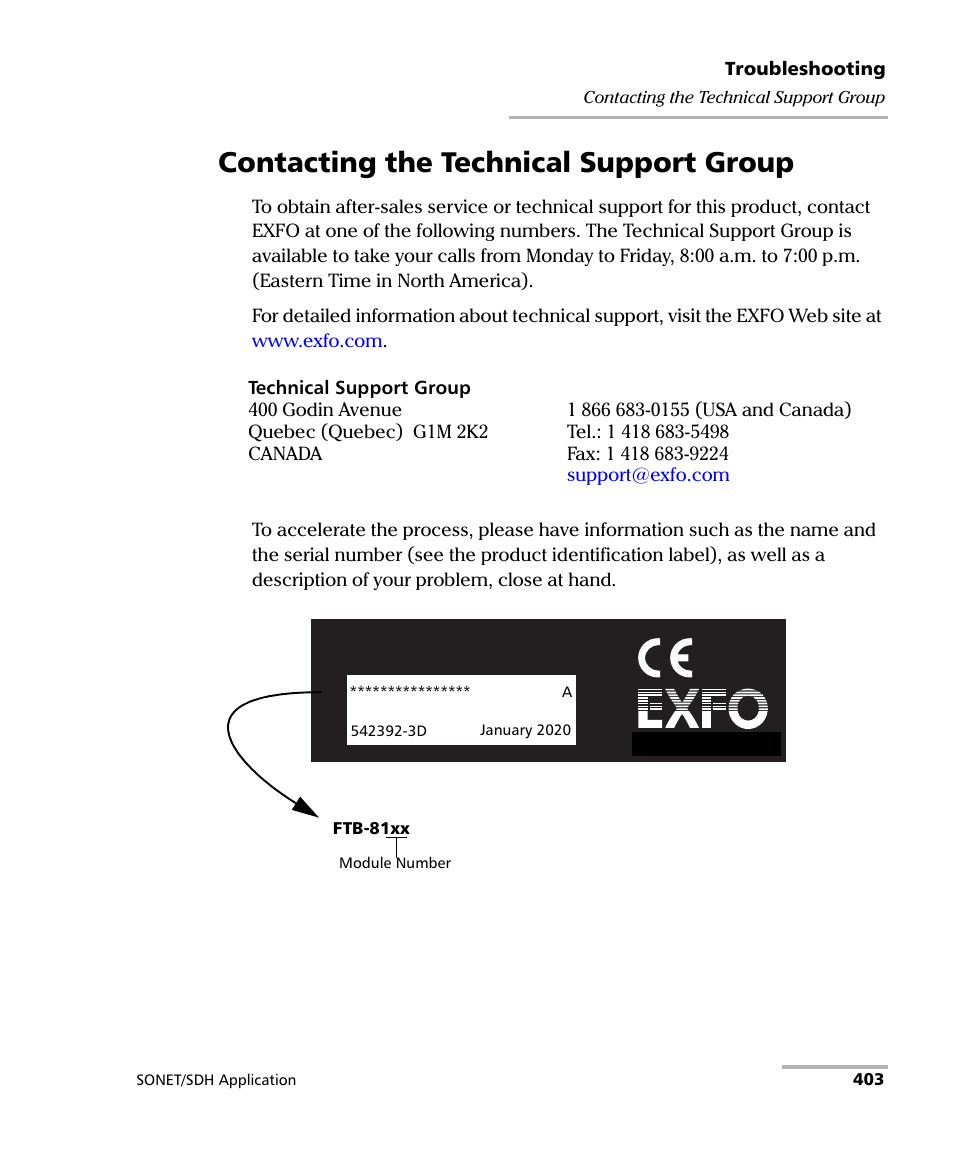 Contacting the technical support group | EXFO FTB-8100 Series Transport Blazer for FTB-200 User Manual | Page 415 / 518