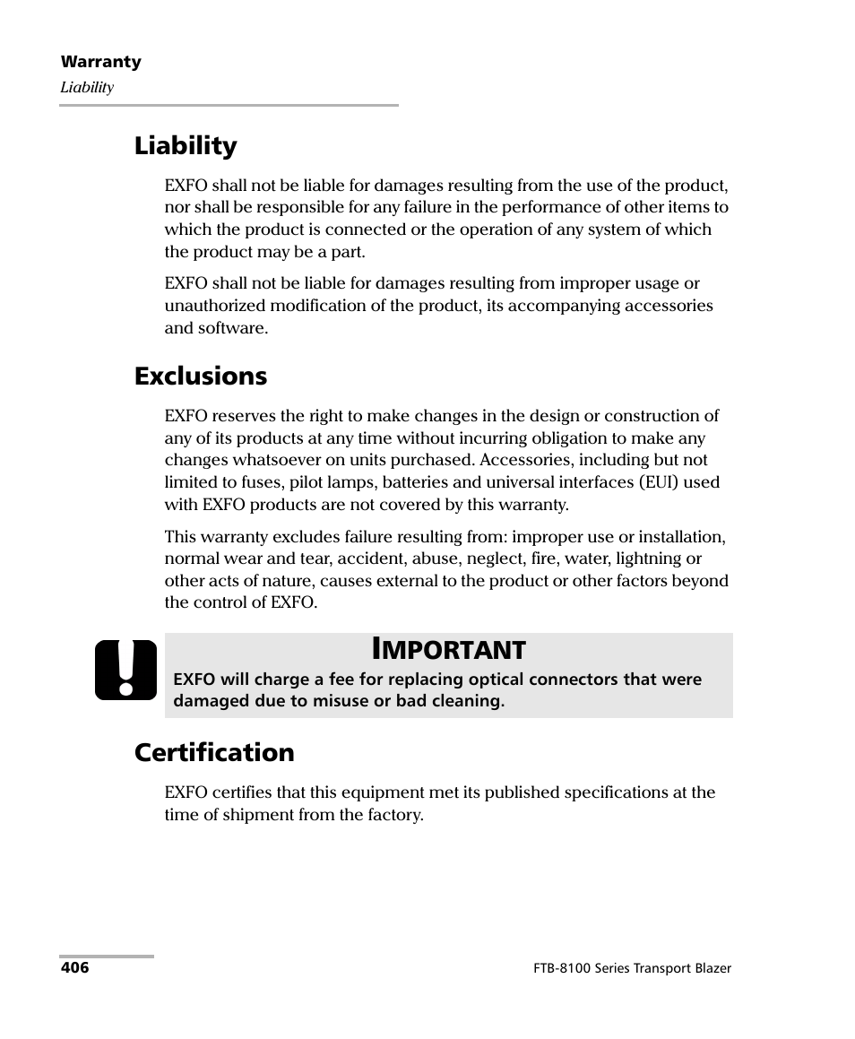 Liability, Exclusions, Certification | Liability exclusions certification, Mportant | EXFO FTB-8100 Series Transport Blazer for FTB-200 User Manual | Page 418 / 518