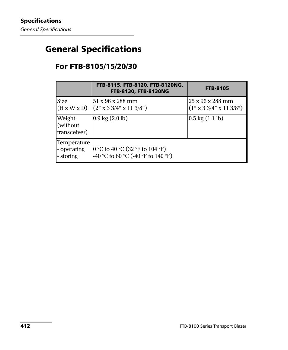 General specifications | EXFO FTB-8100 Series Transport Blazer for FTB-200 User Manual | Page 424 / 518