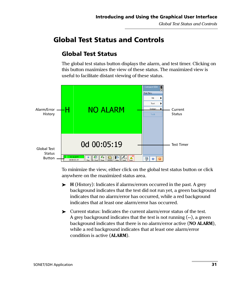 Global test status and controls, Global test status | EXFO FTB-8100 Series Transport Blazer for FTB-200 User Manual | Page 43 / 518