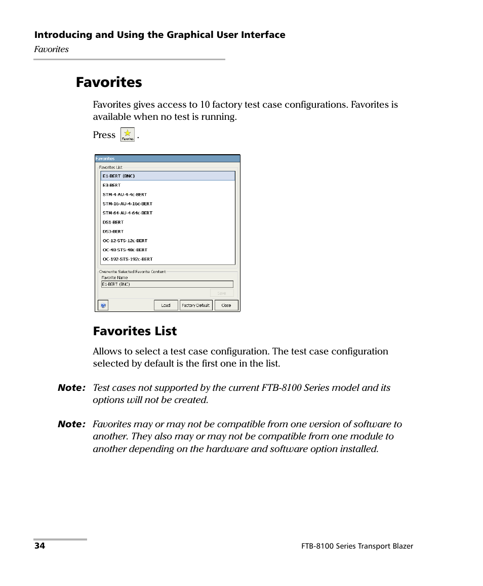 Favorites, Favorites list | EXFO FTB-8100 Series Transport Blazer for FTB-200 User Manual | Page 46 / 518