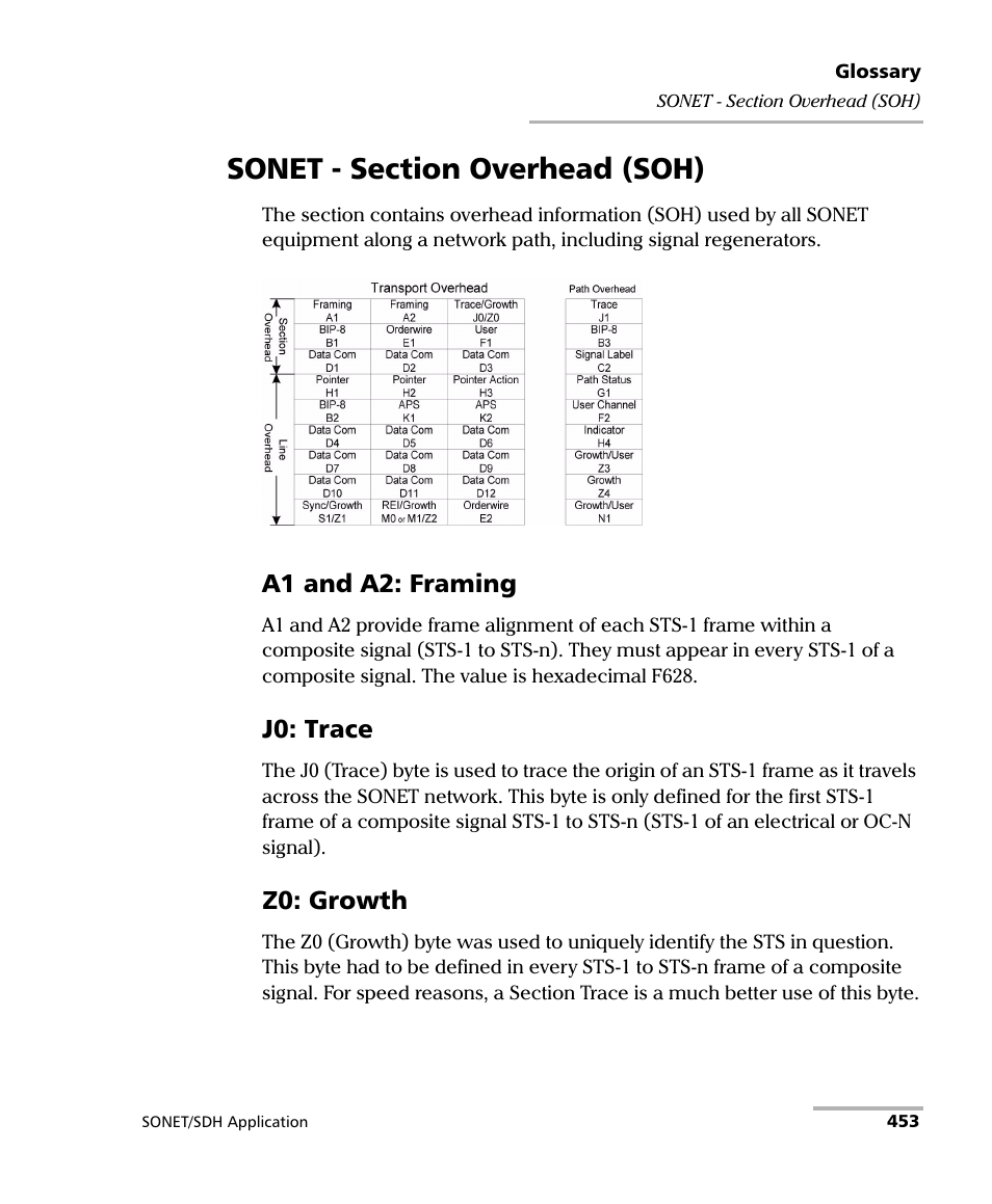 Sonet - section overhead (soh), A1 and a2: framing, J0: trace | Z0: growth | EXFO FTB-8100 Series Transport Blazer for FTB-200 User Manual | Page 465 / 518
