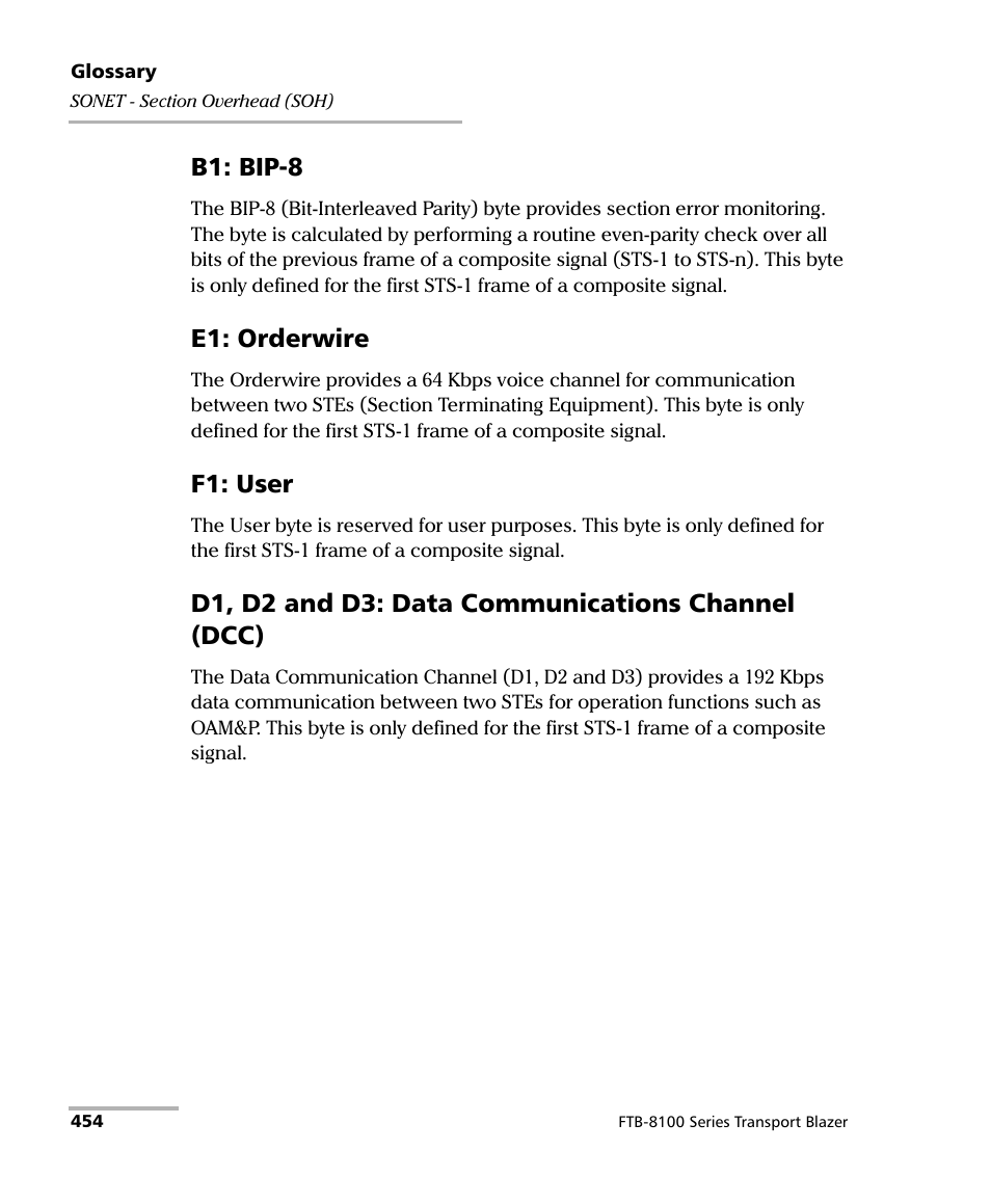 B1: bip-8, E1: orderwire, F1: user | D1, d2 and d3: data communications channel (dcc) | EXFO FTB-8100 Series Transport Blazer for FTB-200 User Manual | Page 466 / 518